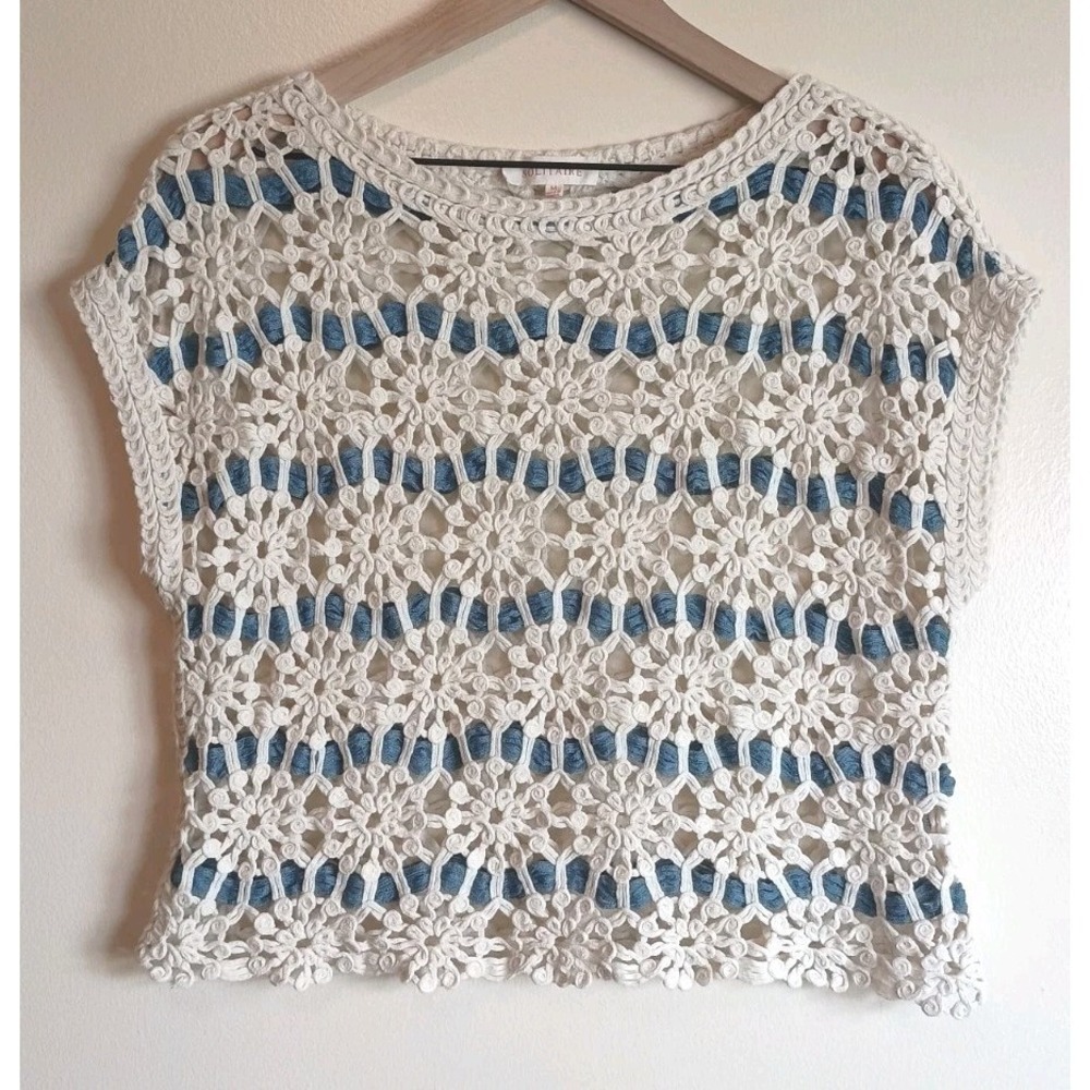 Solitaire Crochet Lace Knit Top Medium Boho Coastal Grandmacore Open Weave